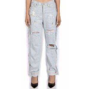 $195 Delafuente High Rise Boyfriend Light Split Distressed Denim Jeans size 29